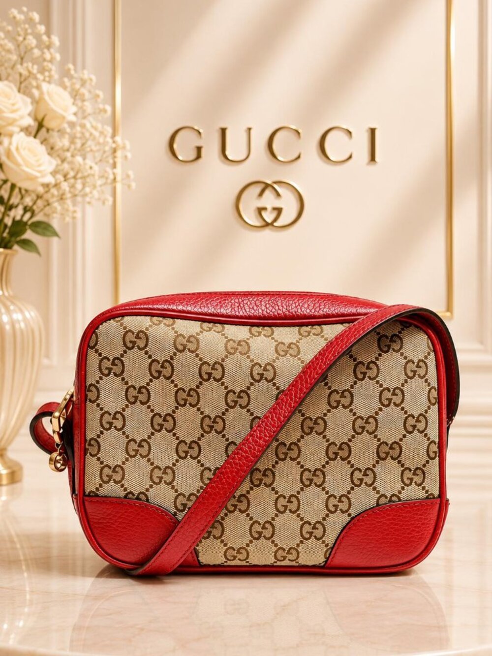 Authentic Gucci GG Canvas Red Leather Crossbody Camera Bag Auth Vintage
